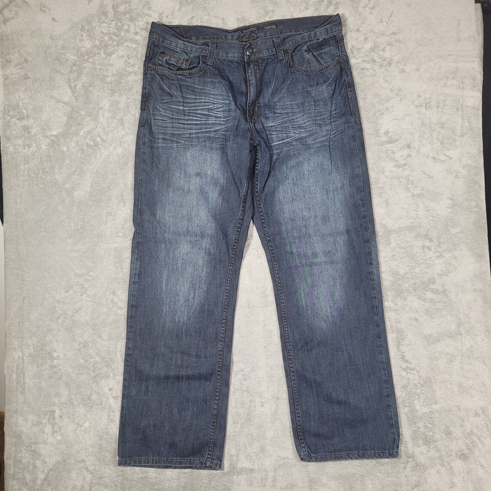 Helix Jeans Men 36x32 (Fits 38x32) Blue Loose Straight Embroidered Pockets Denim
